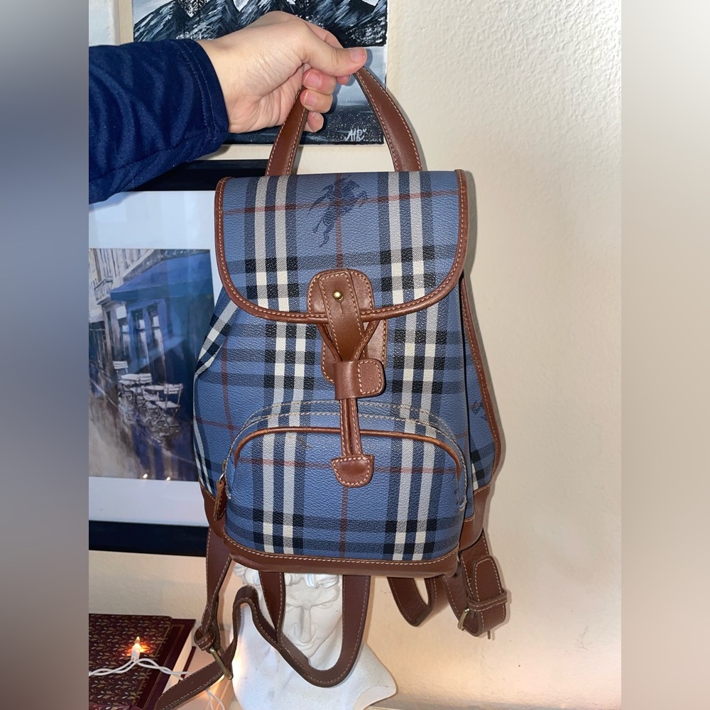 Burberry Haymarket Check Blue Backpack Leather Vintage